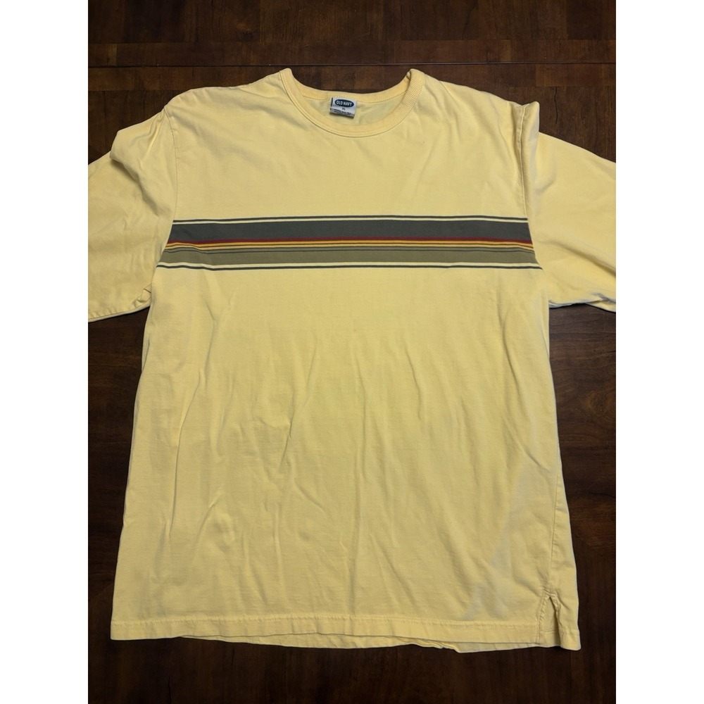 Old Navy Yellow Stripe Graphic T Shirt Mens XL Short Sleeve Cotton Casual Retro